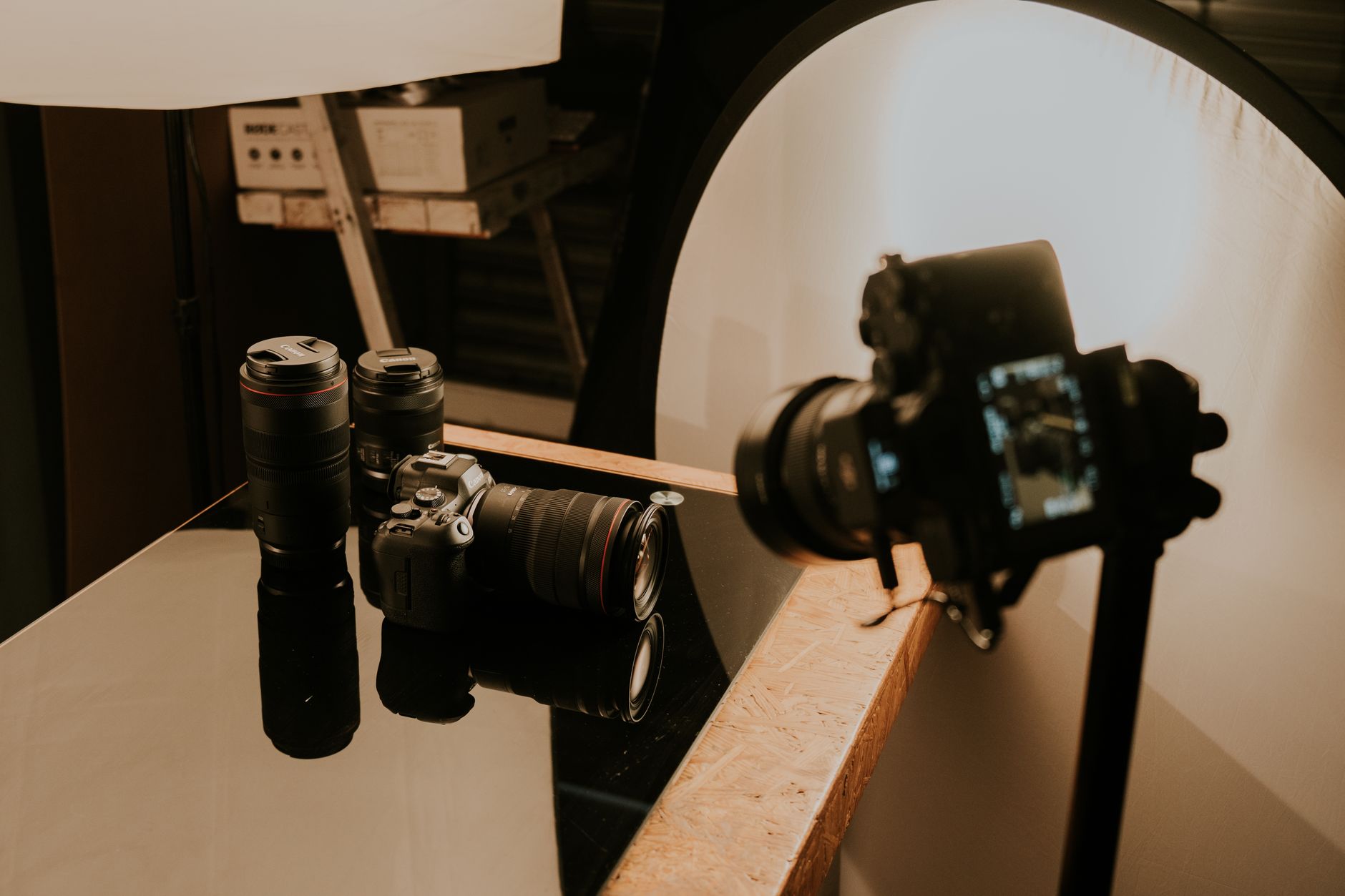 Camera gear on a product table